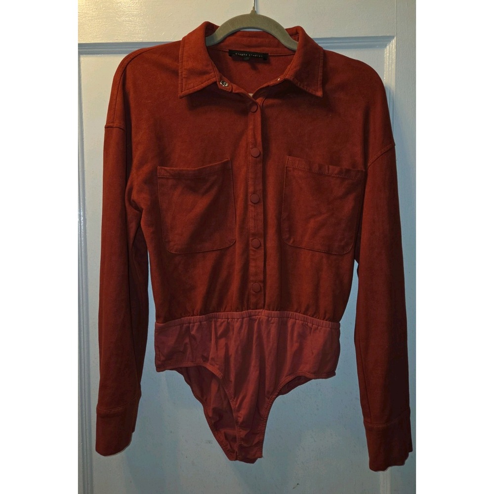 Etophe Studios Rust Snap Button Long Sleeve Stretch Blouse Bodysuit Sueded. M